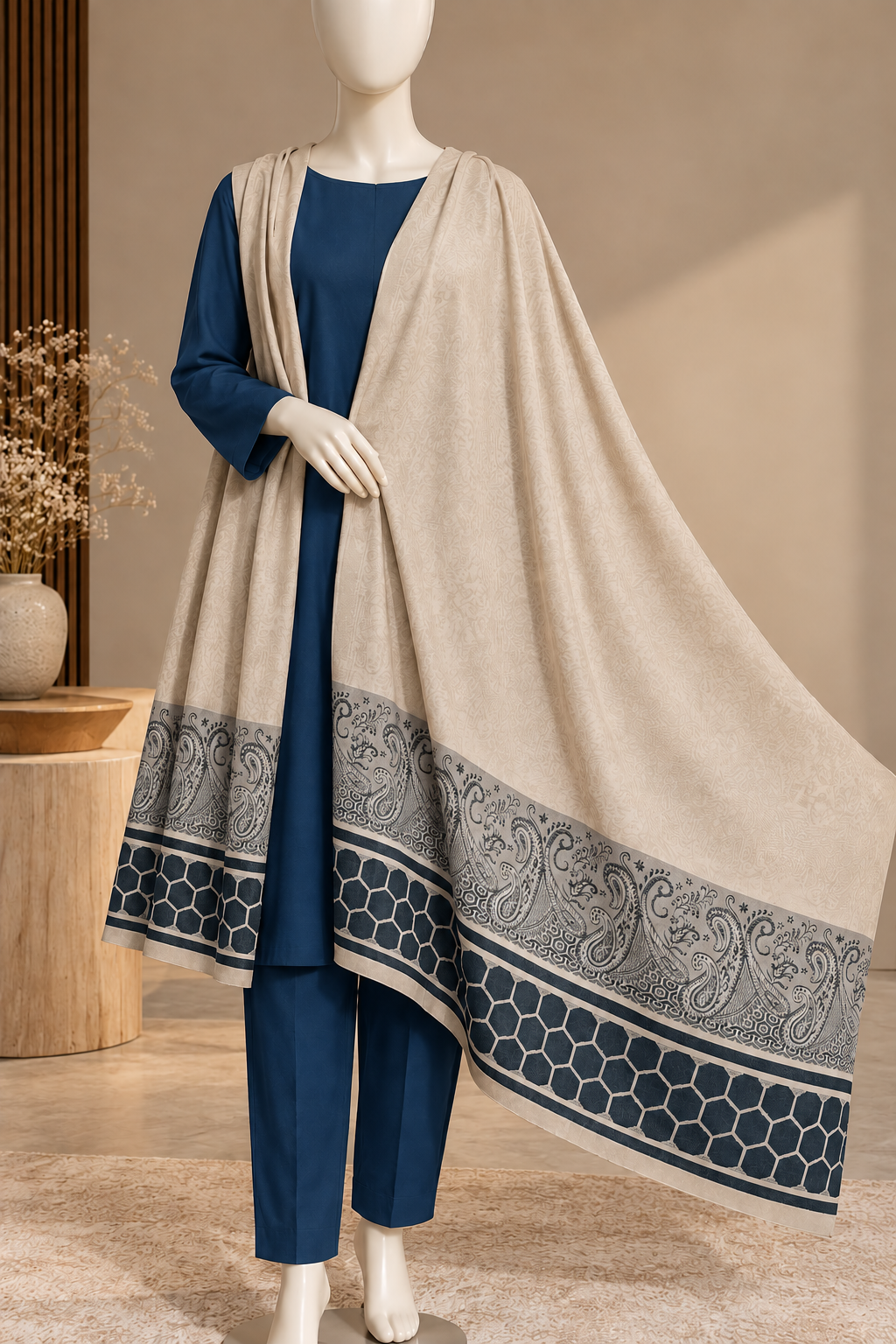 Dark Zinc Blue 3-Piece Suit with Printed Beige Shawl