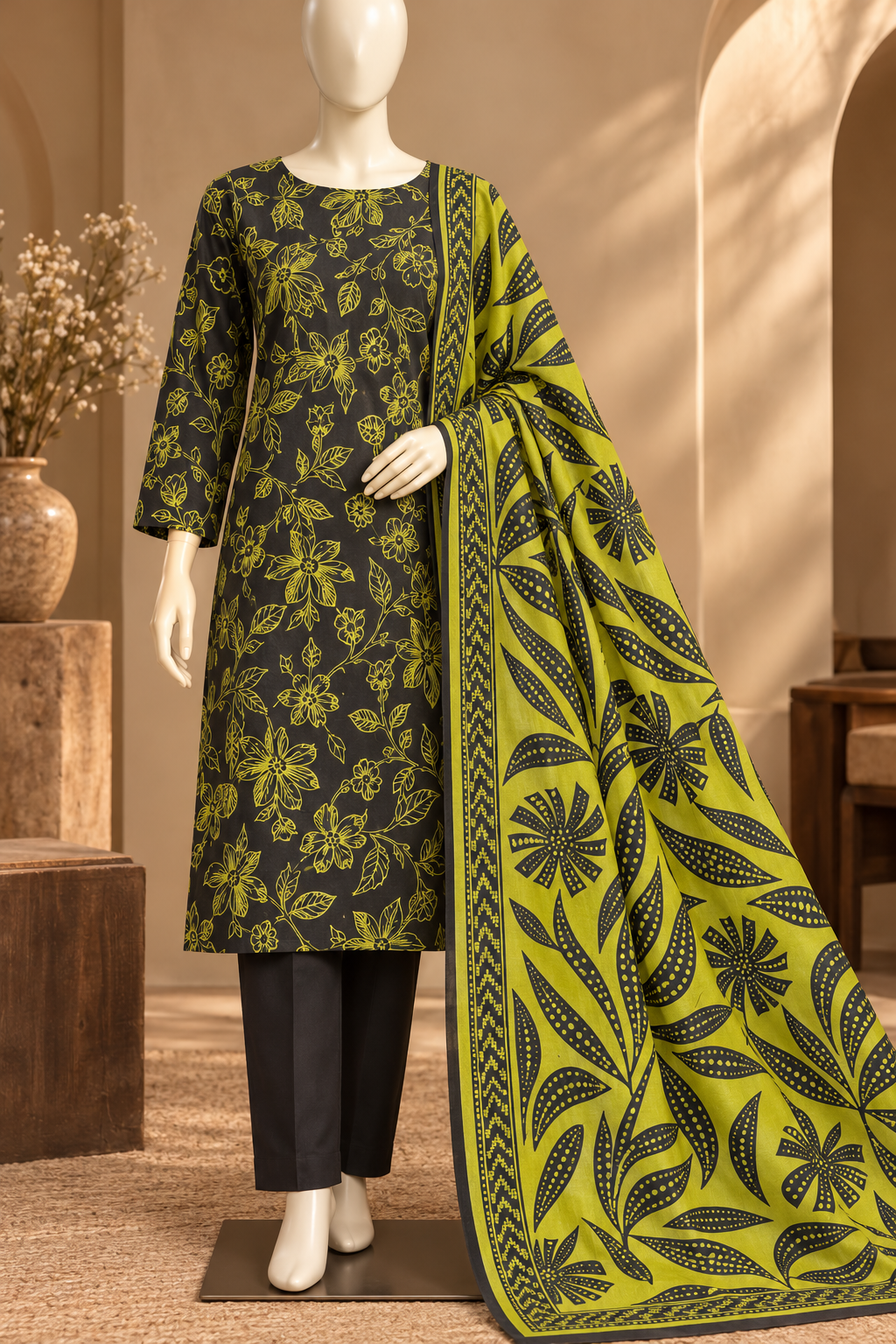 Black & Lime Green 3-Piece Digital Printed Suit with Matching Dupatta