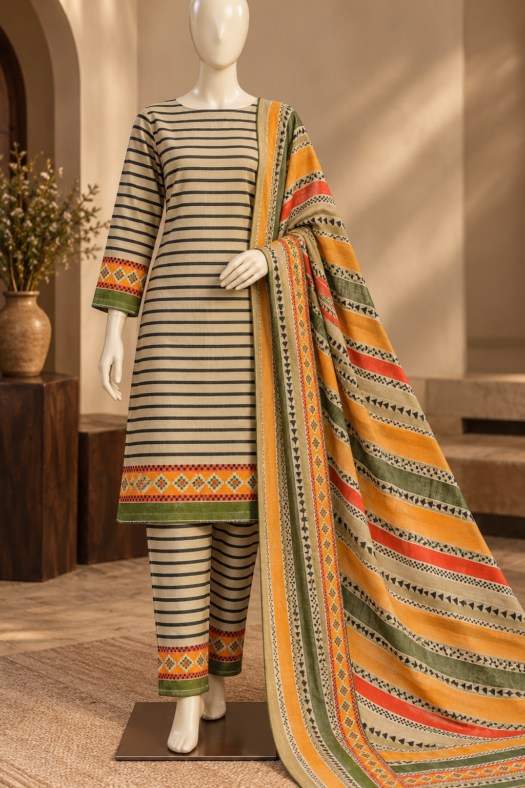 Elegant Beige 3-Piece Khaddar Suit with Multicolor Printed Dupatta