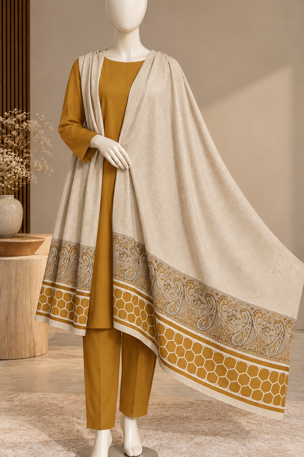 Mustard 3-Piece Suit with Printed Beige Shawl