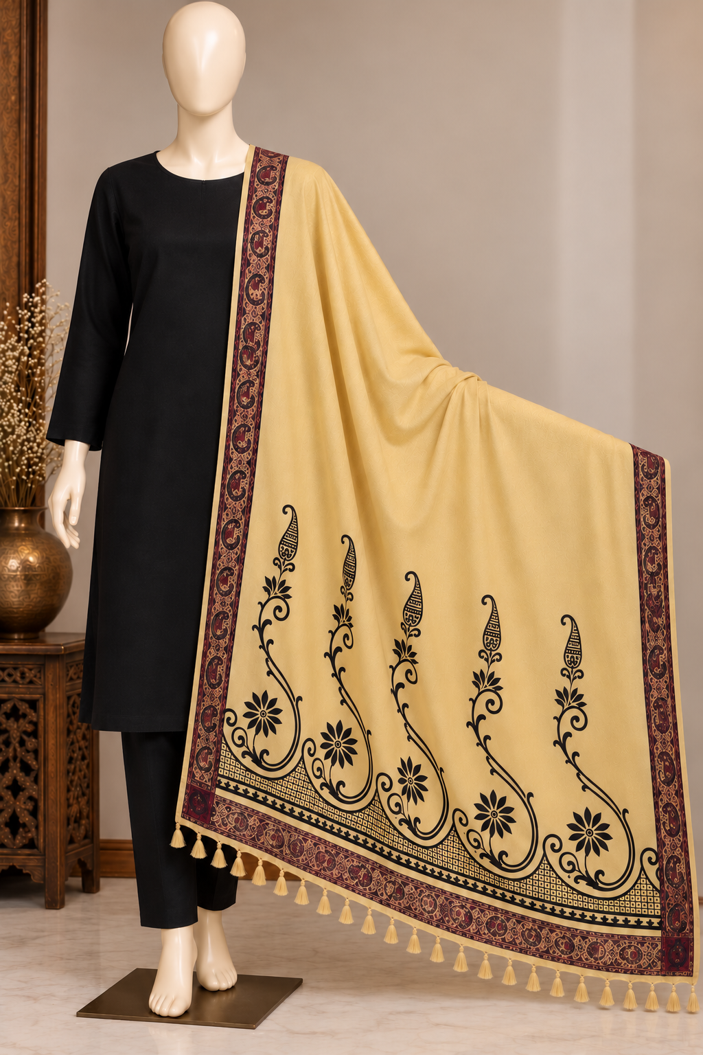 Black Dhank Suit with Mustard Wool Shawl & Velvet Print – 3 Piece Suit