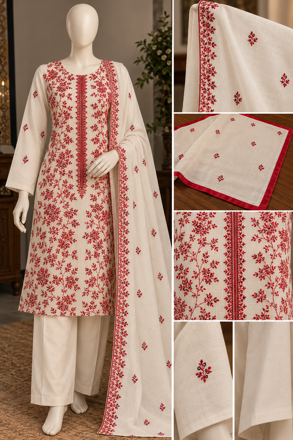 Elegant Off-White Karandi 3-Piece Suit with Red Floral Embroidery