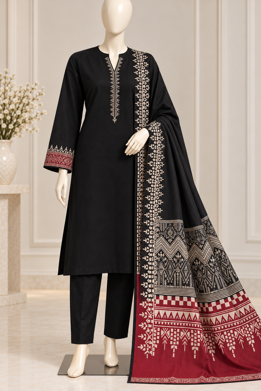 Black Dhanak Suit with Embroidered Neck & Silk Printed Dupatta
