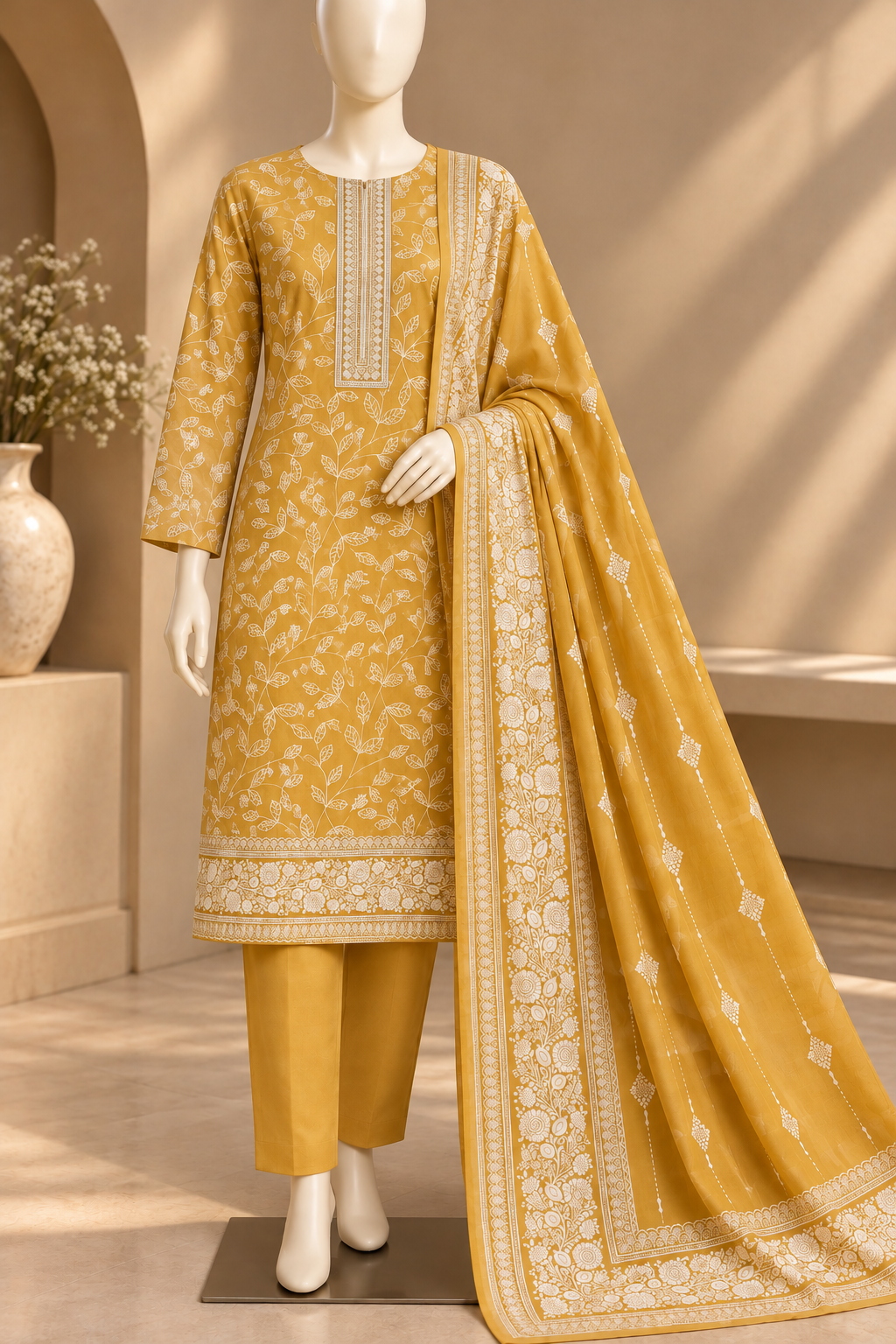 Golden Mustard Dhanak 3-Piece Suit with Printed Dupatta
