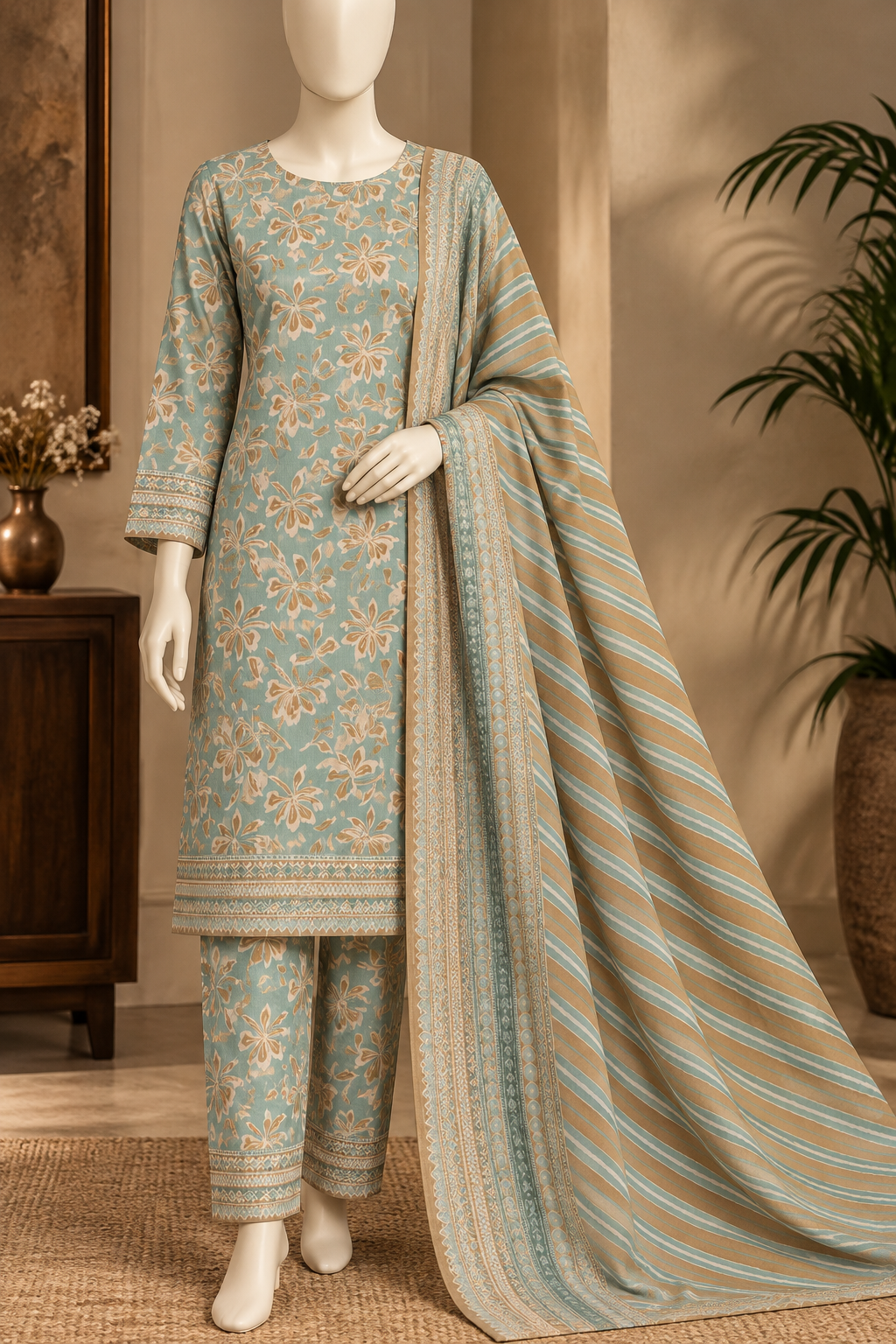 Elegant 3-Piece Khaddar Suit with Printed Dupatta