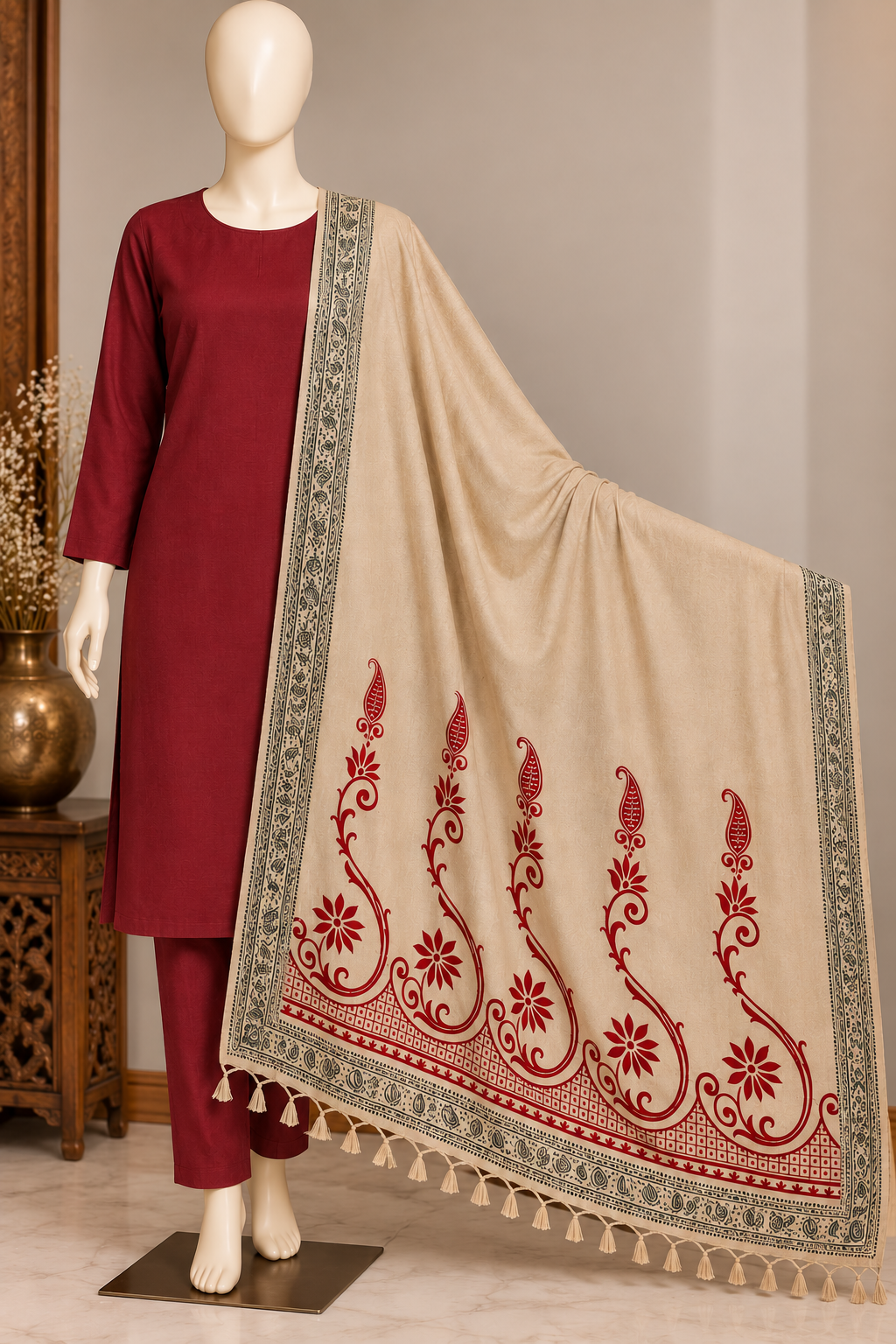 Maroon Dhank 3-Piece Suit with Beige Wool Shawl & Velvet Print
