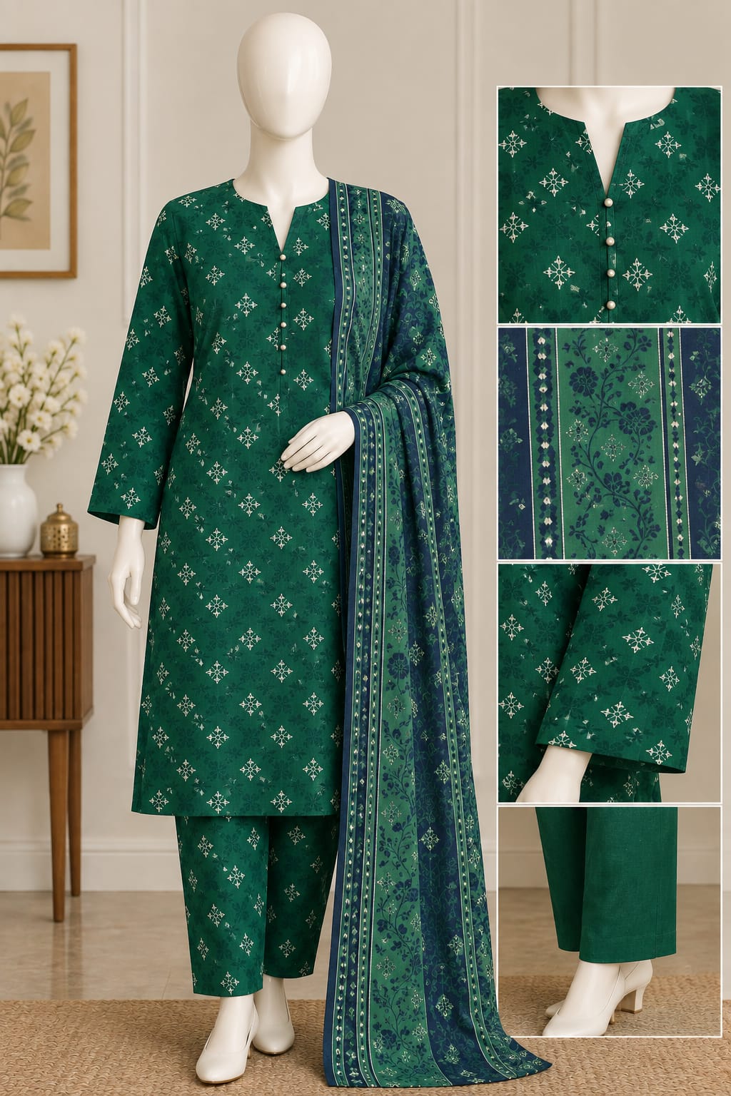3-Piece Unstitched Printed Khaddar Ladies Suit