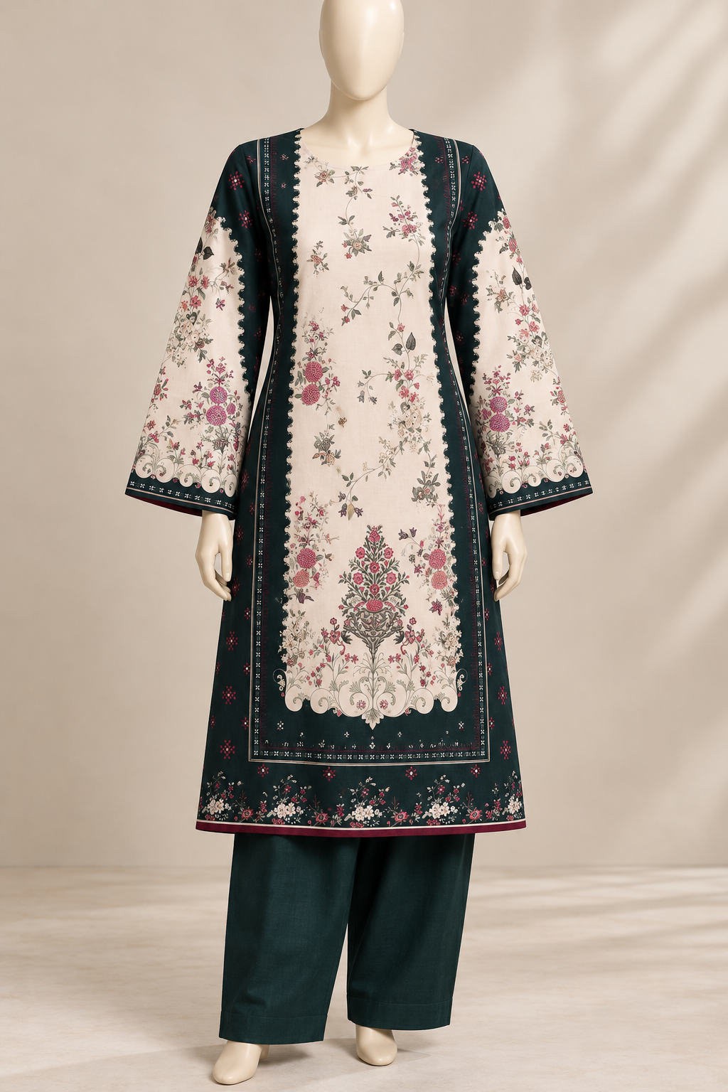 Elegant Dark Teal Linen 2-Piece Suit with Floral Print