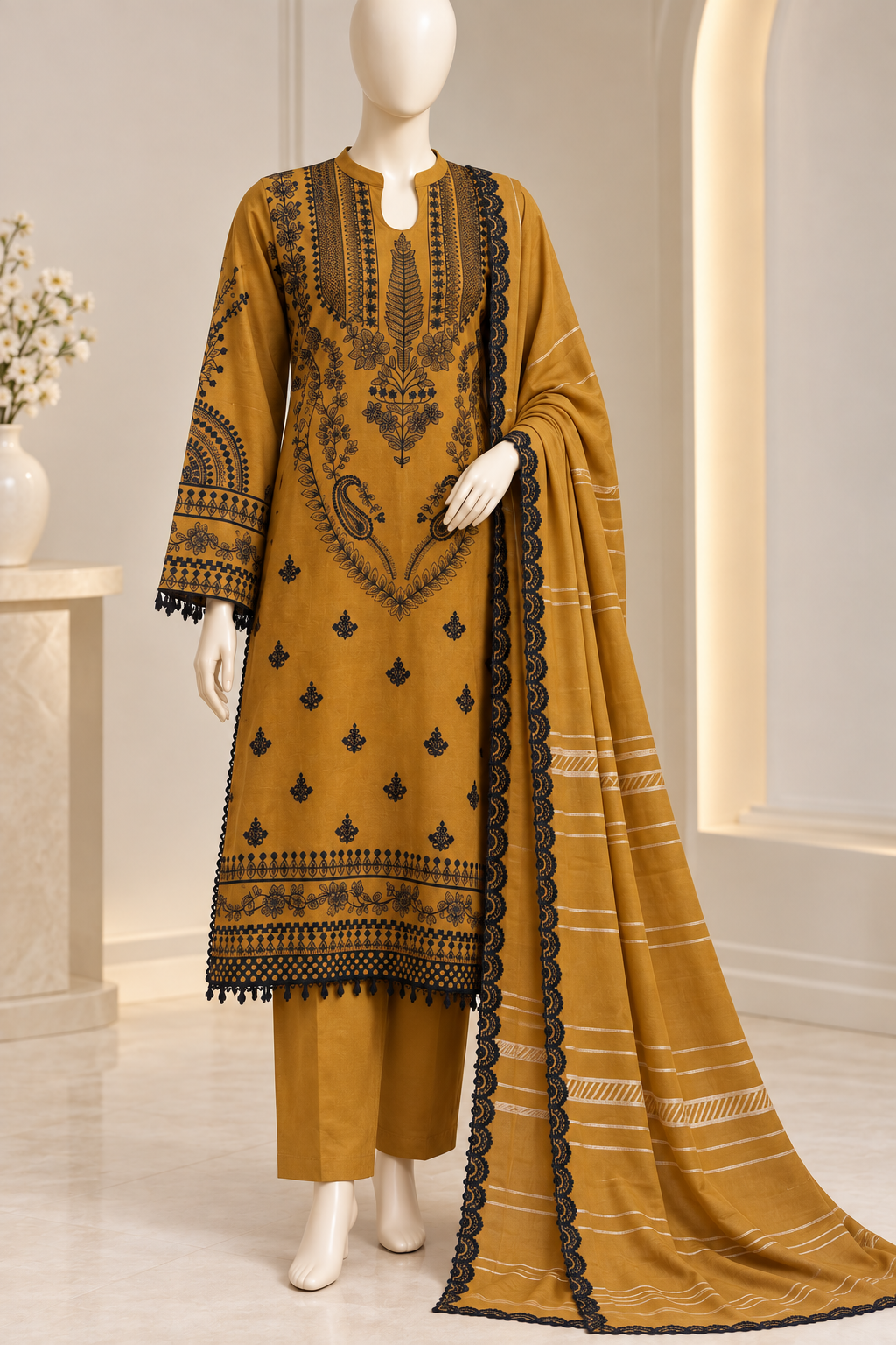 Mustard Embroidered Dhanak 3-Piece Unstitched Suit