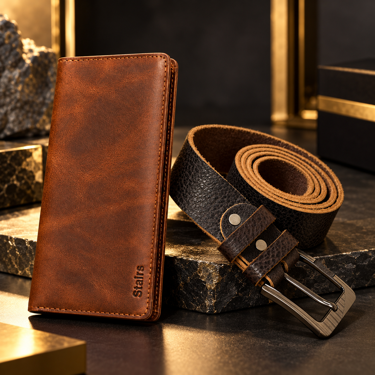 STAIRS Premium Buffalo Leather Belt & Crazy Horse Leather Wallet Combo