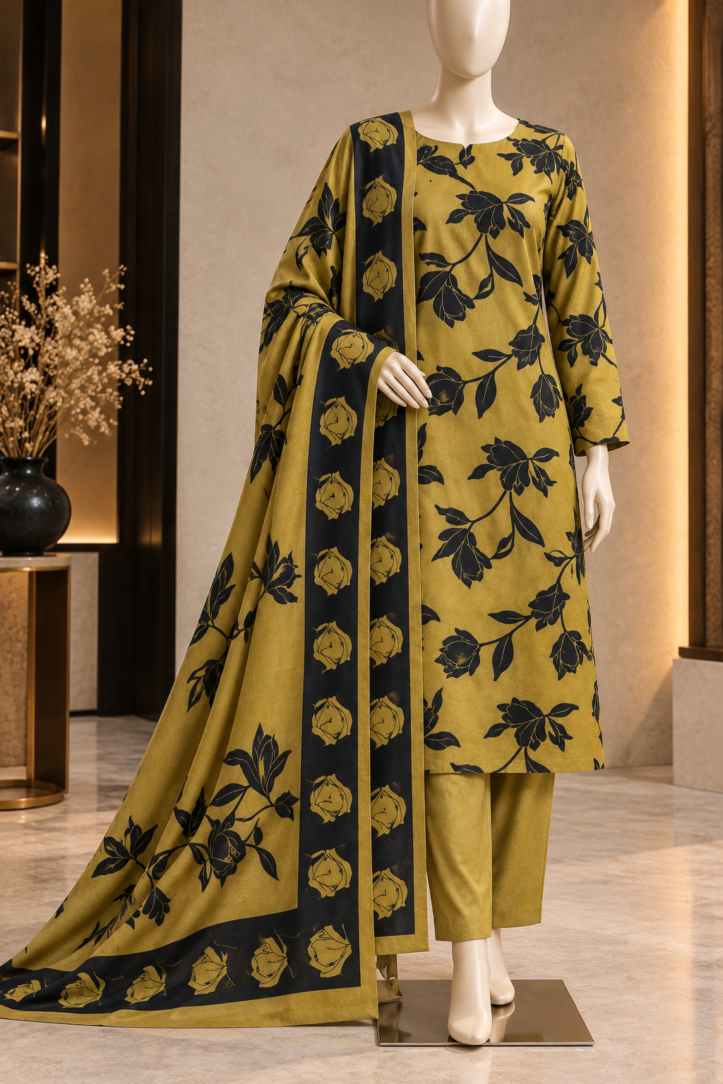 Mustard Black Floral Wool 3-Piece Unstitched Suit