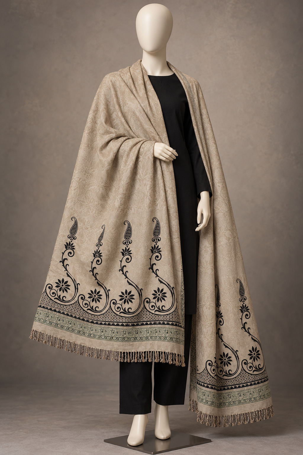 Elegant Beige 3-Piece Suit with Floral Velvet-Texture Shawl