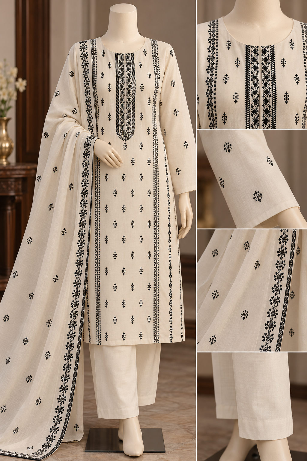 Elegant Ivory Karandi 3-Piece Suit with Black Embroidery