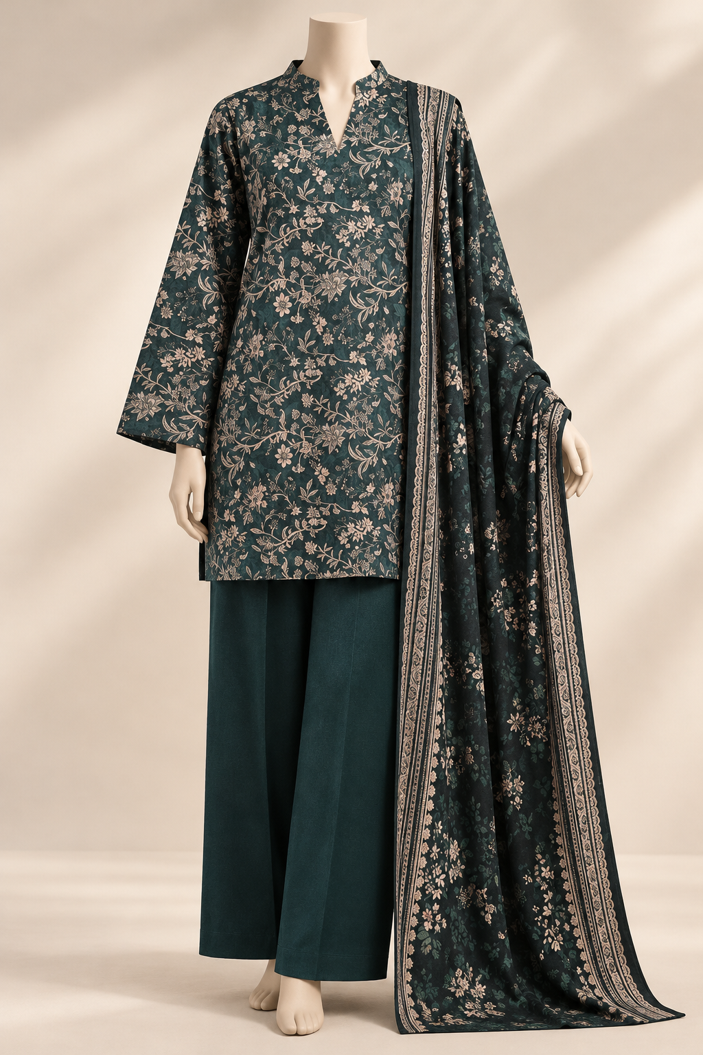 Dark Teal Floral Khaddar 3-Piece Unstitched Suit