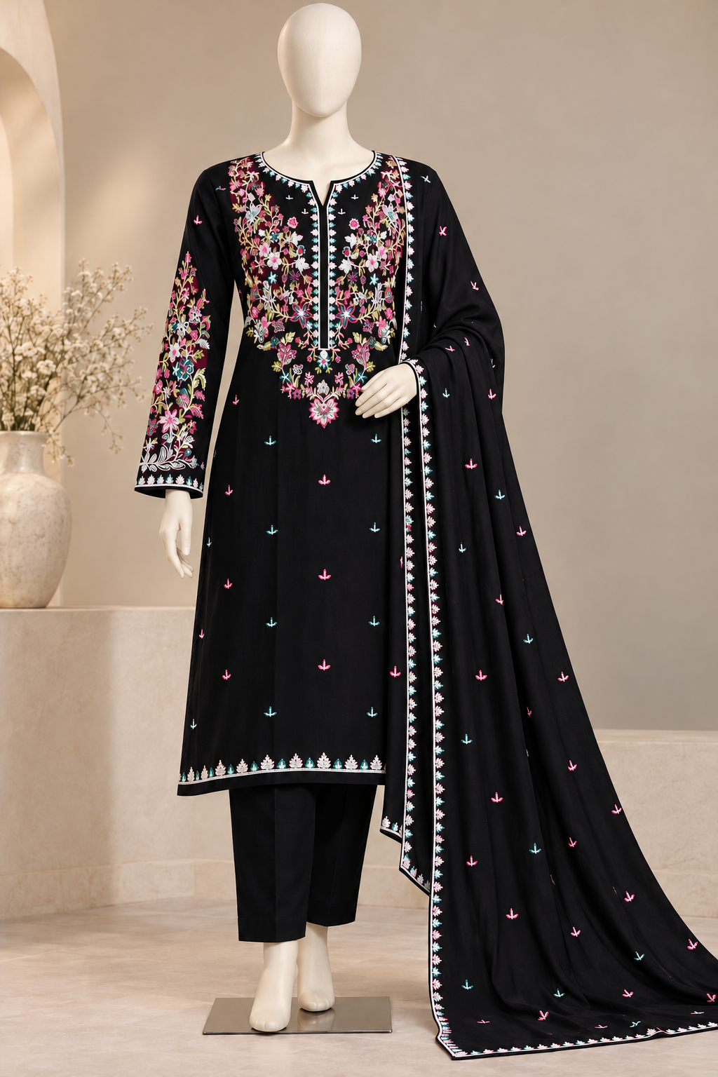 3 Piece Embroidered Dhanak Suit
