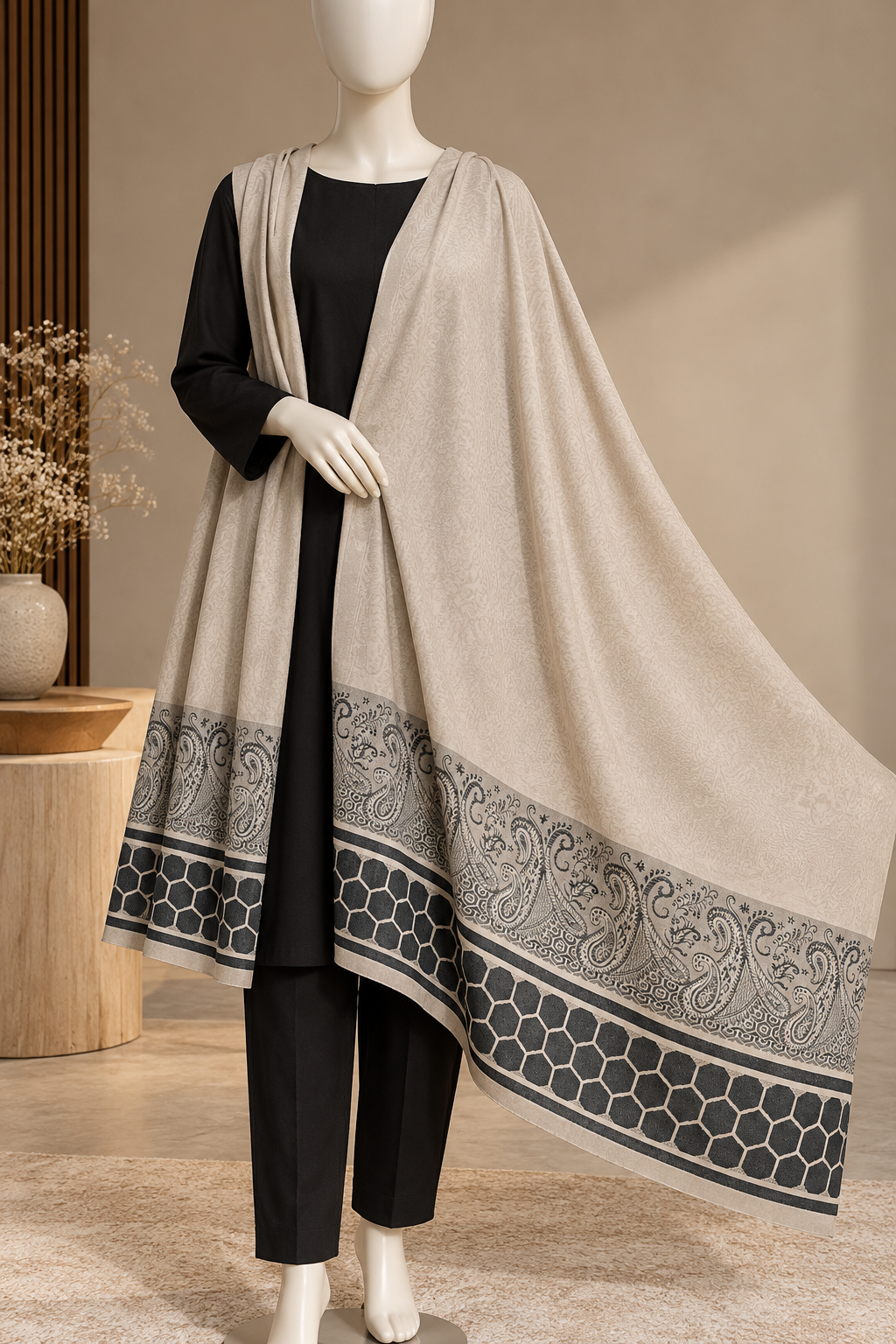 Black 3-Piece Suit with Printed Beige Shawl