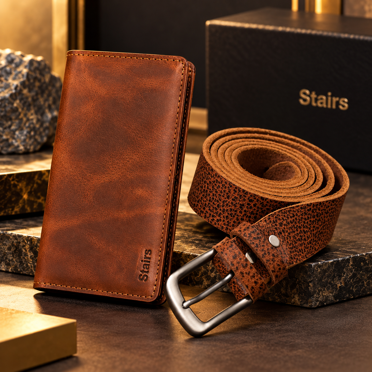 STAIRS Premium Buffalo Leather Belt & Crazy Horse Leather Wallet Combo – Brown