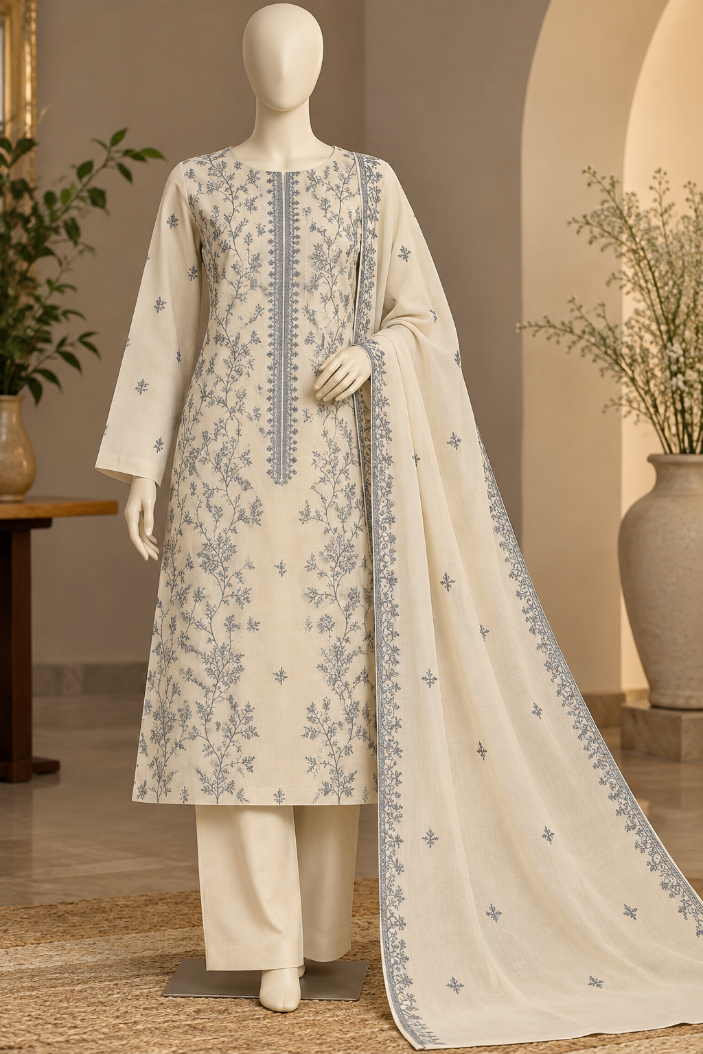 Elegant Ivory & Blue Printed 3-Piece Karandi Suit for Women