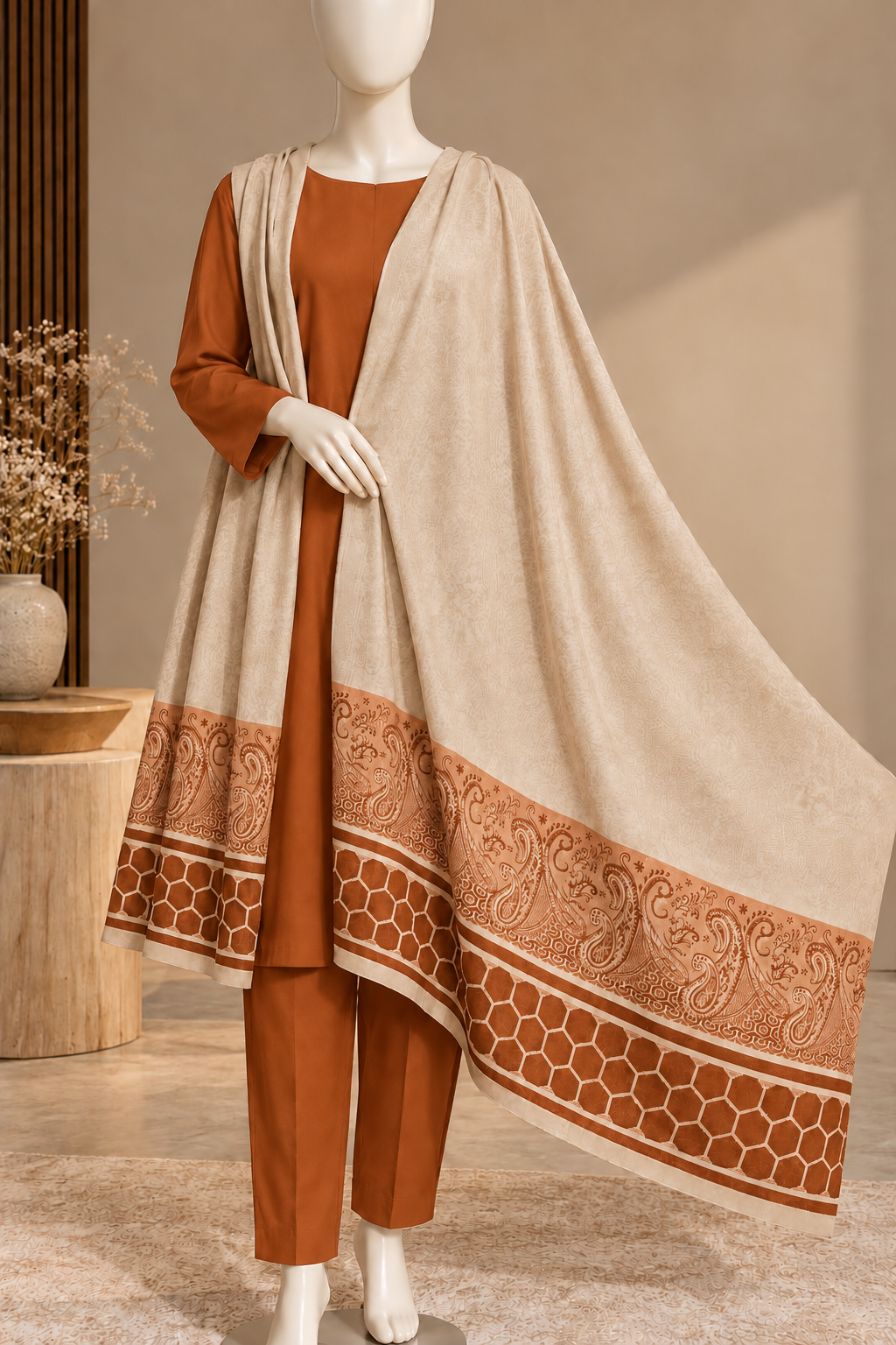 Rust Brown 2-Piece Suit with Printed Shawl