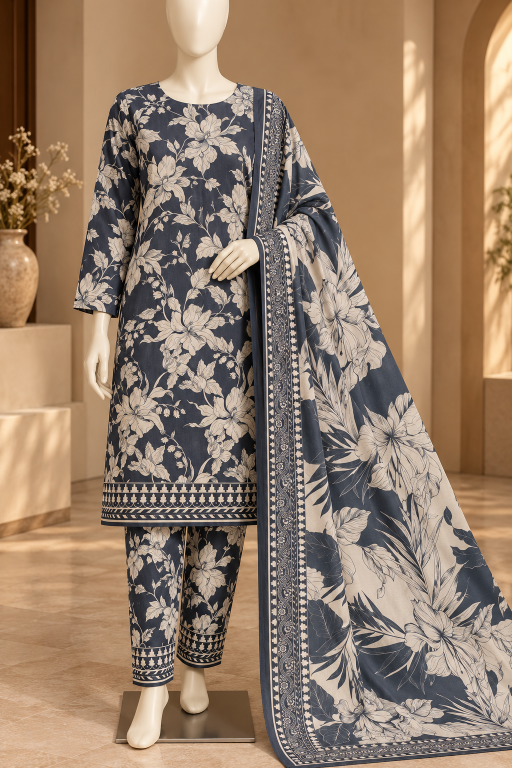 Elegant Navy Blue 3-Piece Khaddar Suit with Floral Print