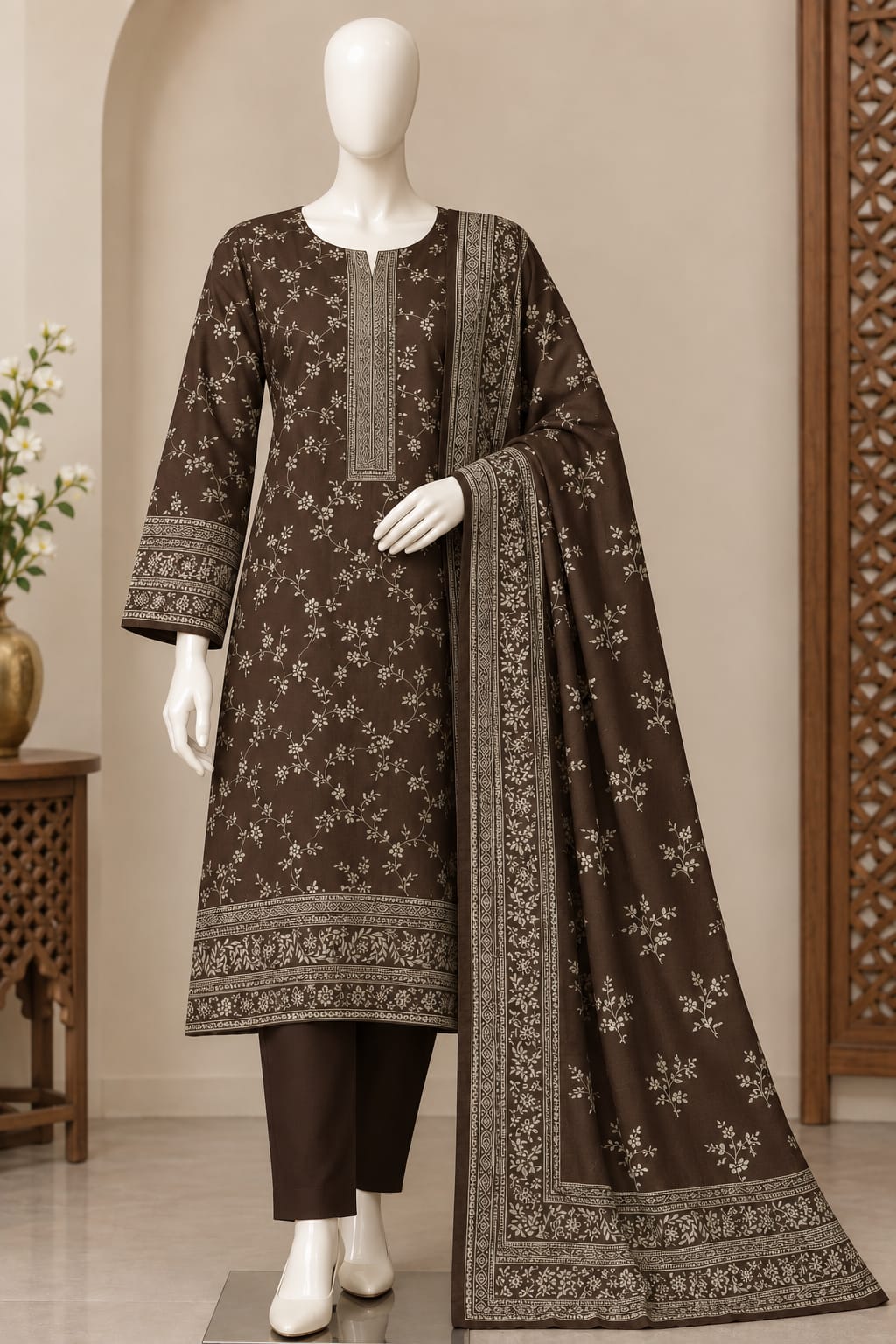 3-Piece Unstitched Printed Dhanak Wool Ladies Suit