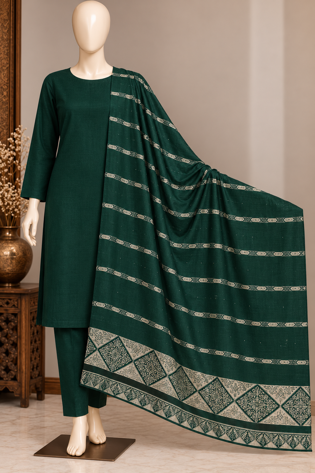 Bottle Green Dhanak 3-Piece Suit with Gold-Detail Wool Shawl