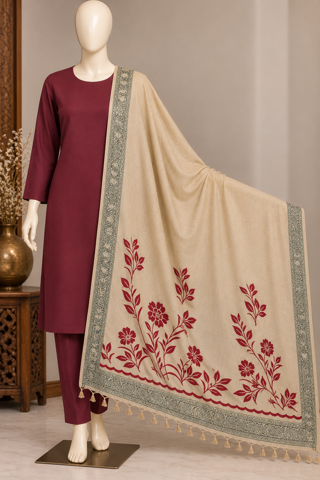 Maroon Dhank 3-Piece Suit with Beige Wool Shawl & Velvet Print