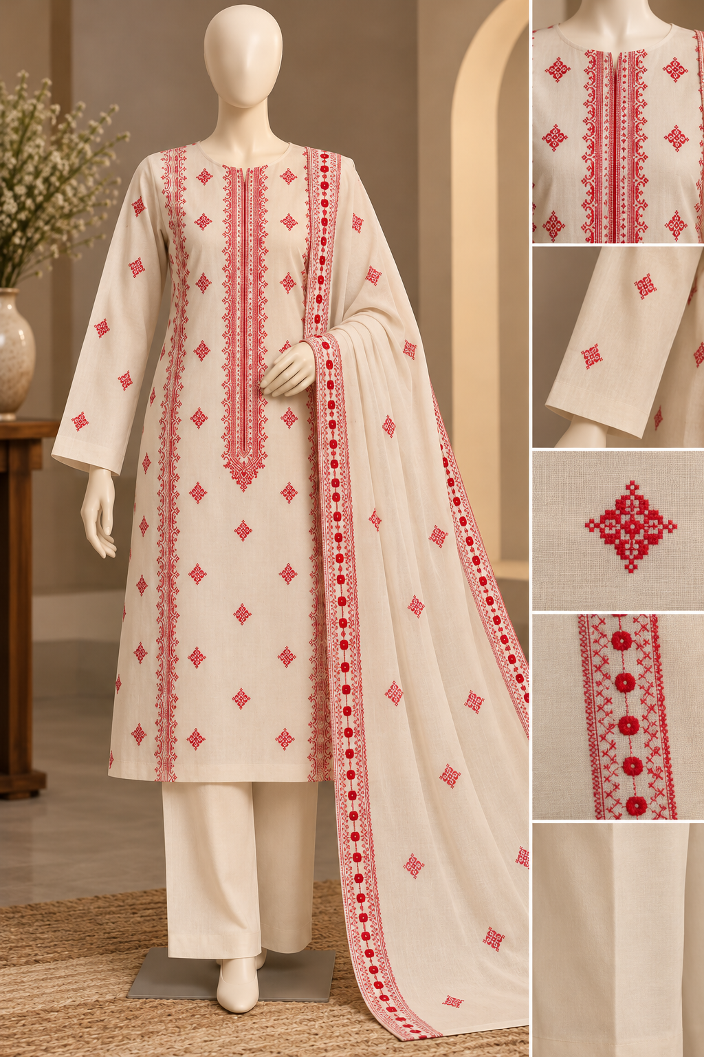 Premium Red Embroidered 3-Piece Karandi Suit