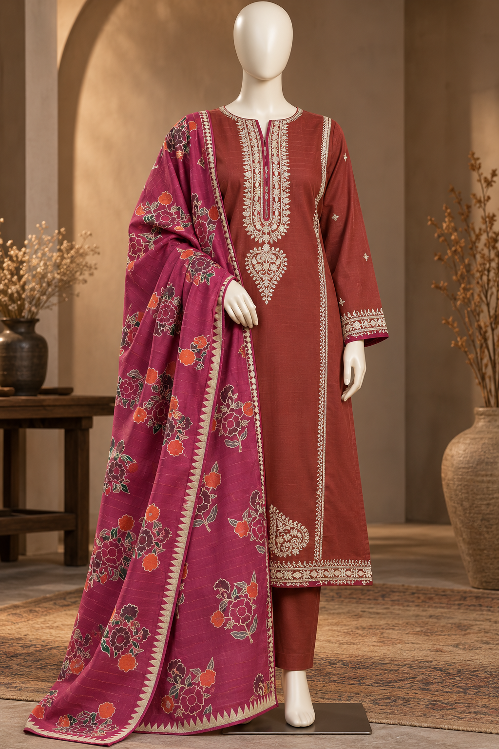 Rust Embroidered Dhanak 3-Piece Suit with Magenta Floral Dupatta
