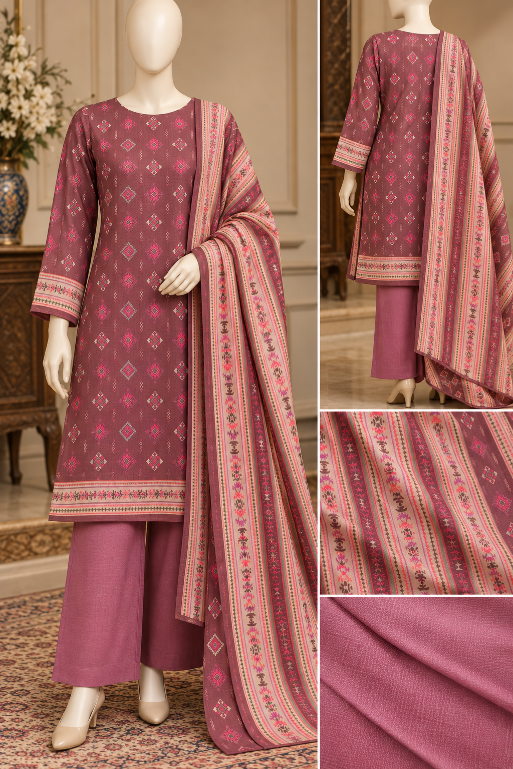 Pinkish Maroon 3-Piece Khaddar Suit with Printed Shawl