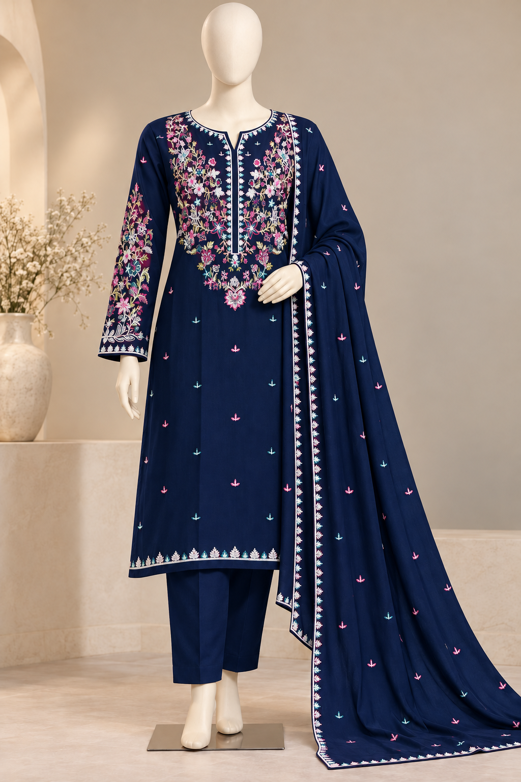 3 Piece Embroidered Dhanak Suit