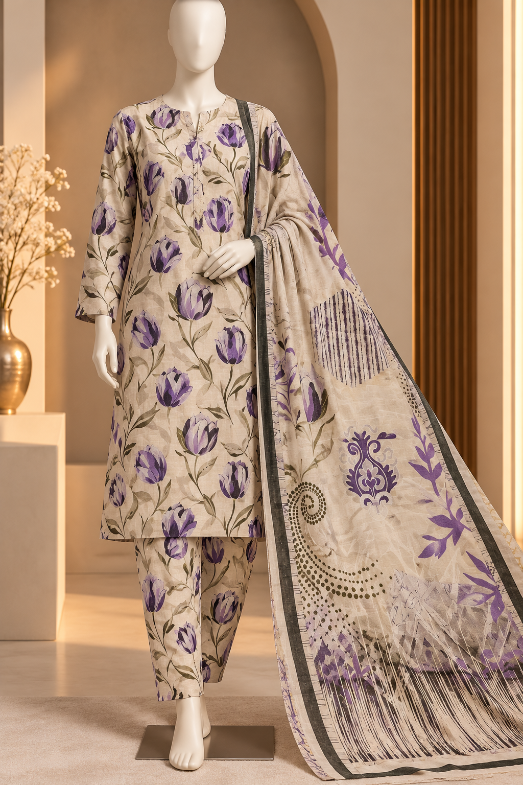 3-Piece Unstitched Printed Khaddar Ladies Suit