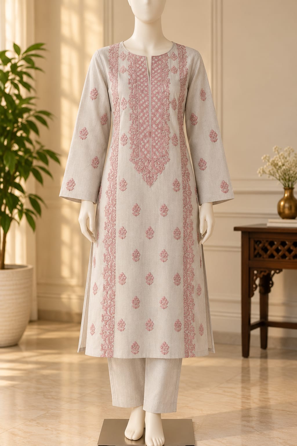 2 PC Light Pink Embroidered Karandi Unstitched Suit