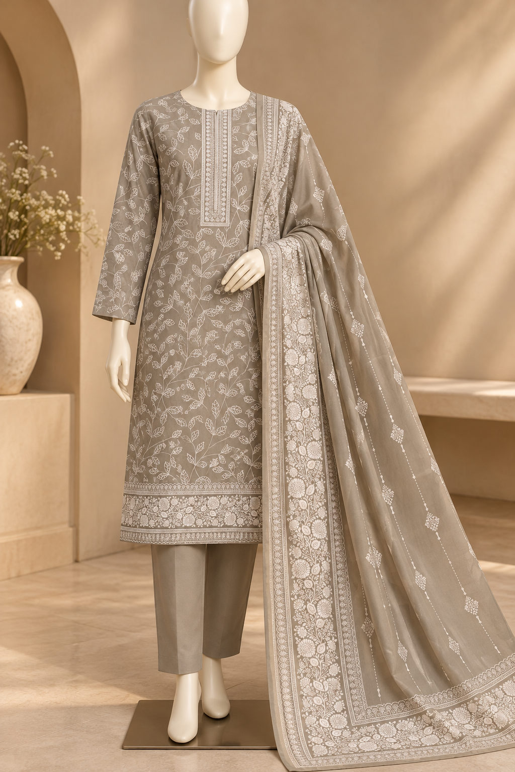 Elegant 3-Piece Danak Suit with Printed Dupatta