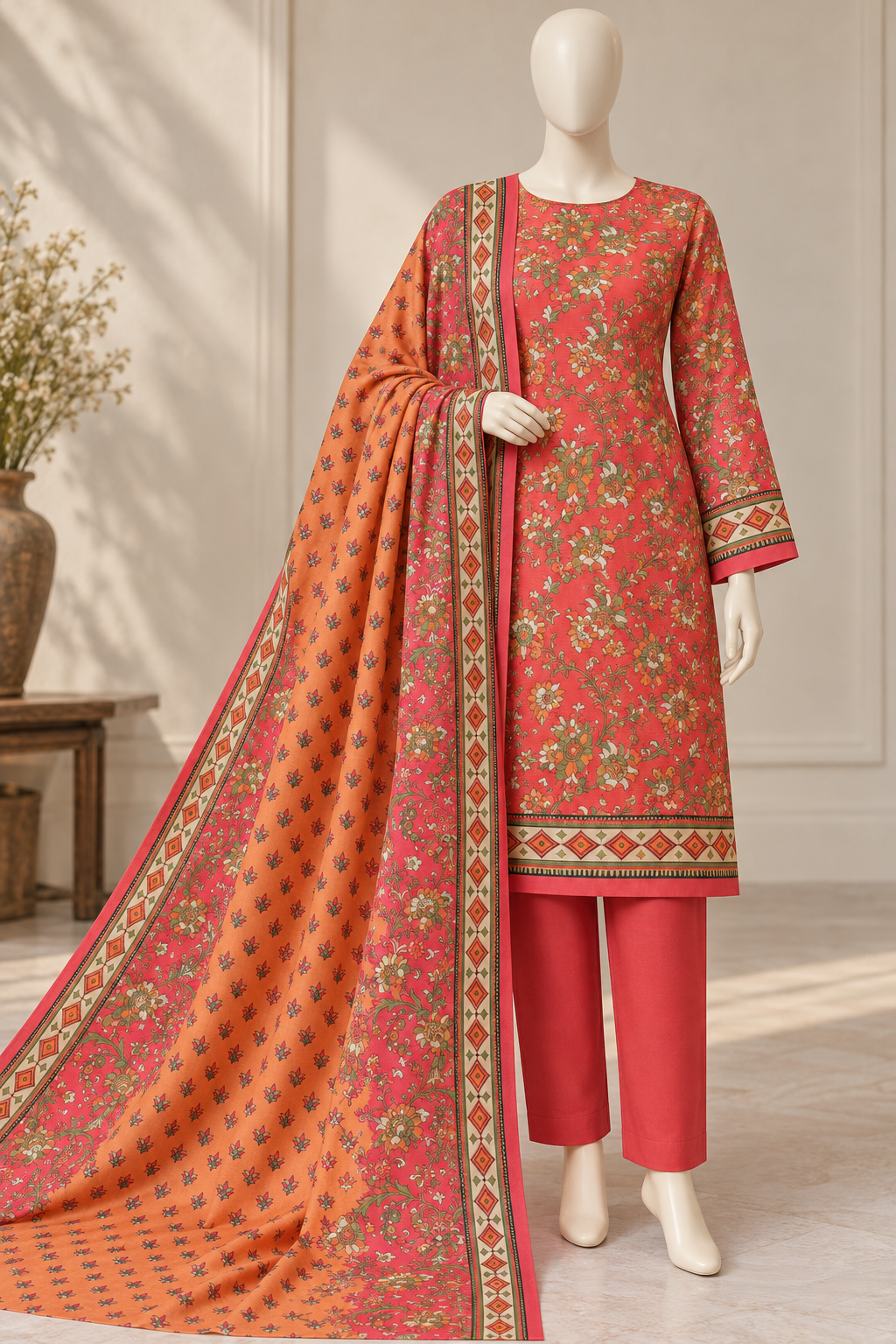Coral Red 3-Piece Khaddar Suit with Floral Print & Subtle Shine
