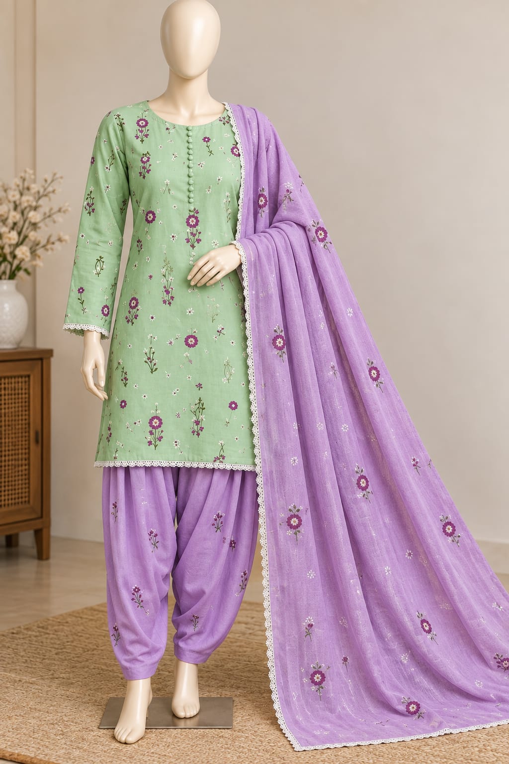 Mint Green & Lavender Embroidered 3-Piece Unstitched Suit