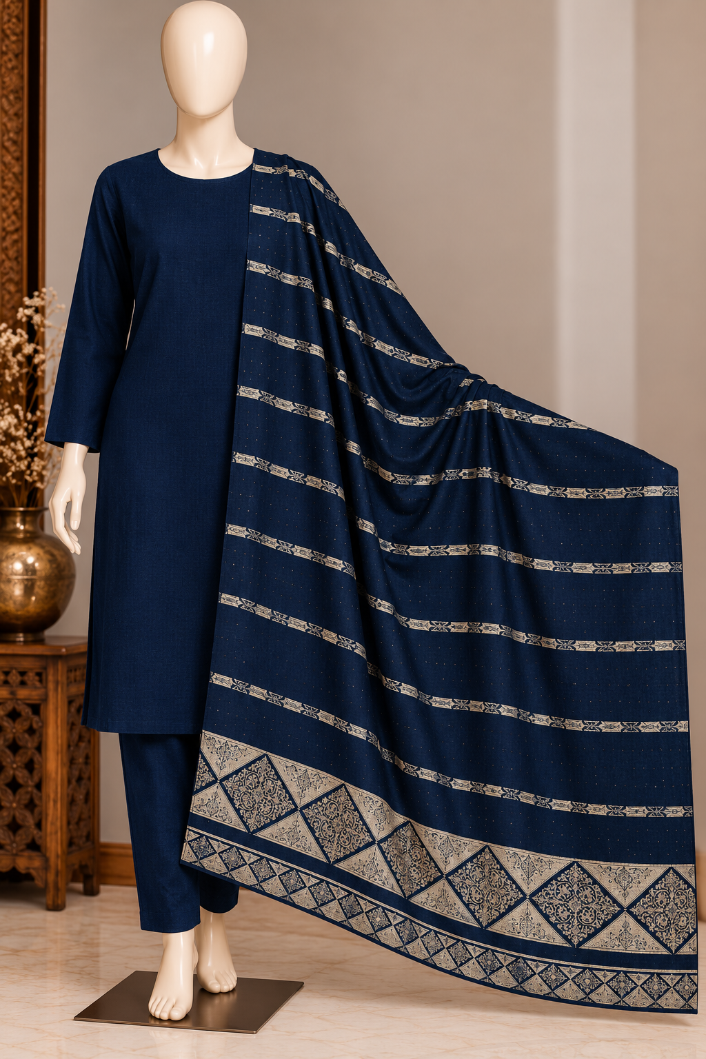 Navy Blue Dhanak 3-Piece Suit with Gold-Detail Wool Shawl