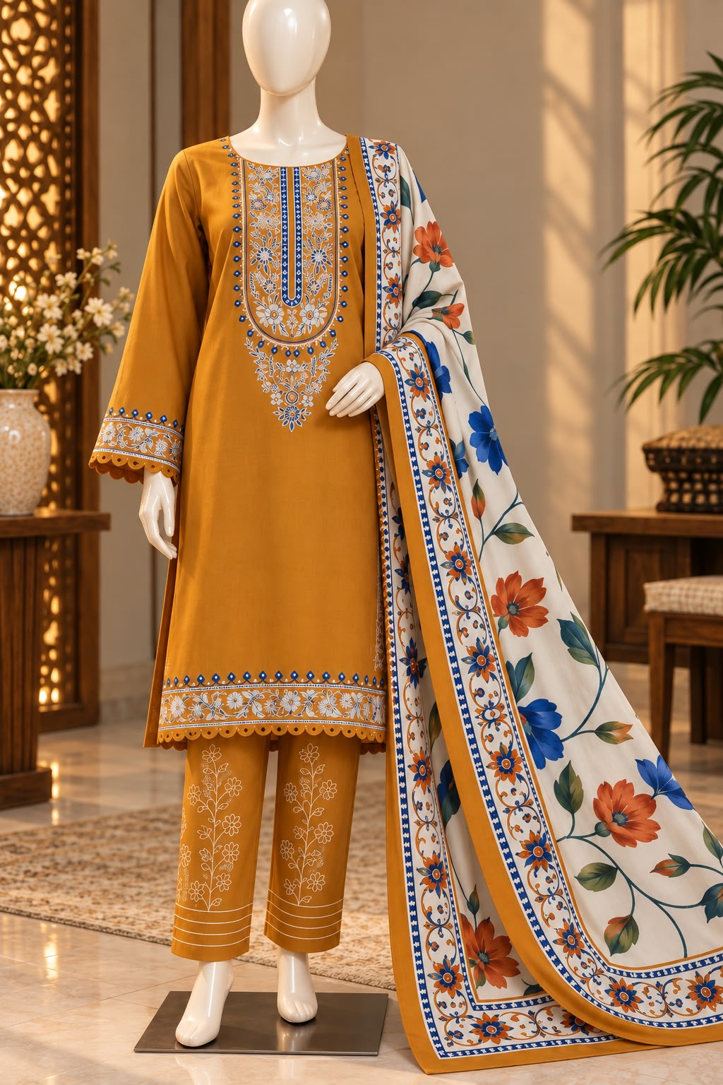 3-Piece Embroidered Dhanak Suit with Silk Dupatta