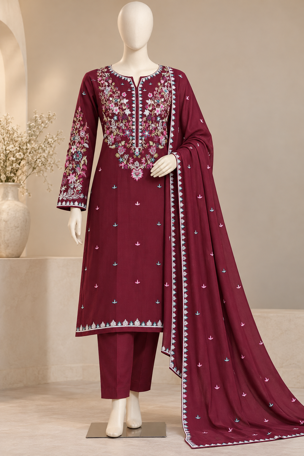 3 Piece Embroidered Dhanak Suit