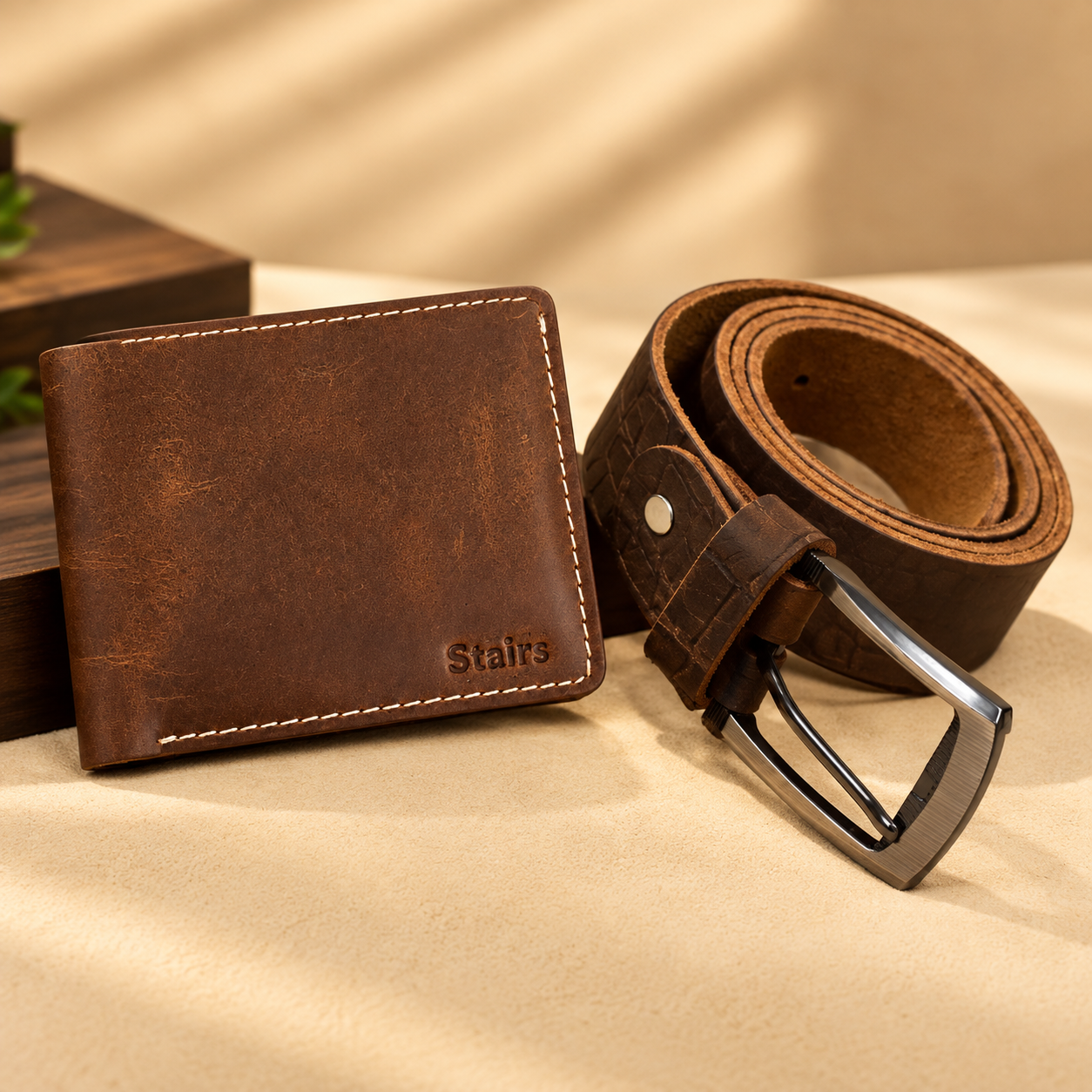 STAIRS Premium Crazy Horse Leather Wallet & Buffalo Leather Belt Combo