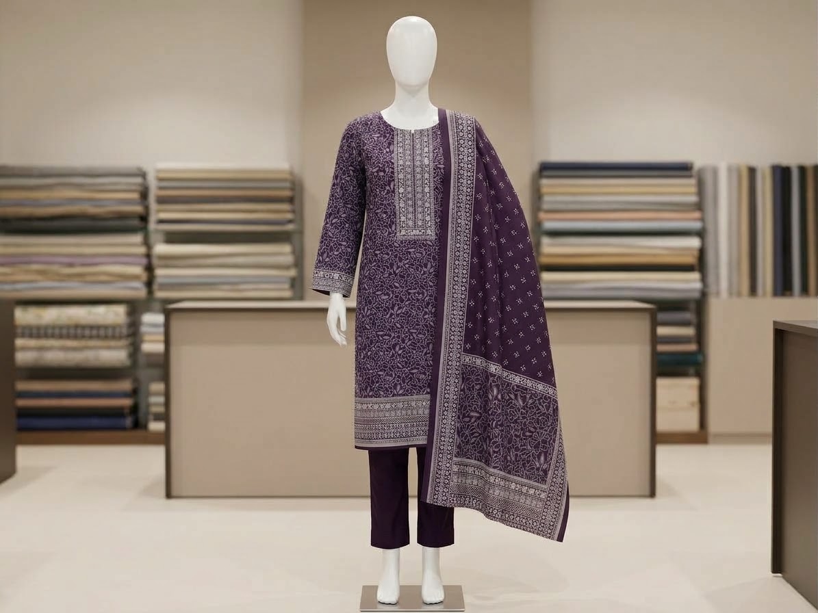3-Piece Unstitched Printed Dhanak Wool Ladies Suit