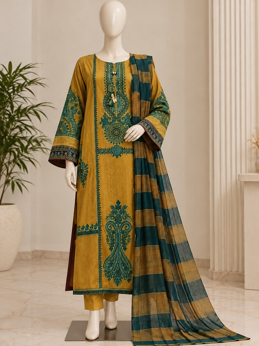 3-Piece Embroidered Dhanak Suit with Silk Dupatta