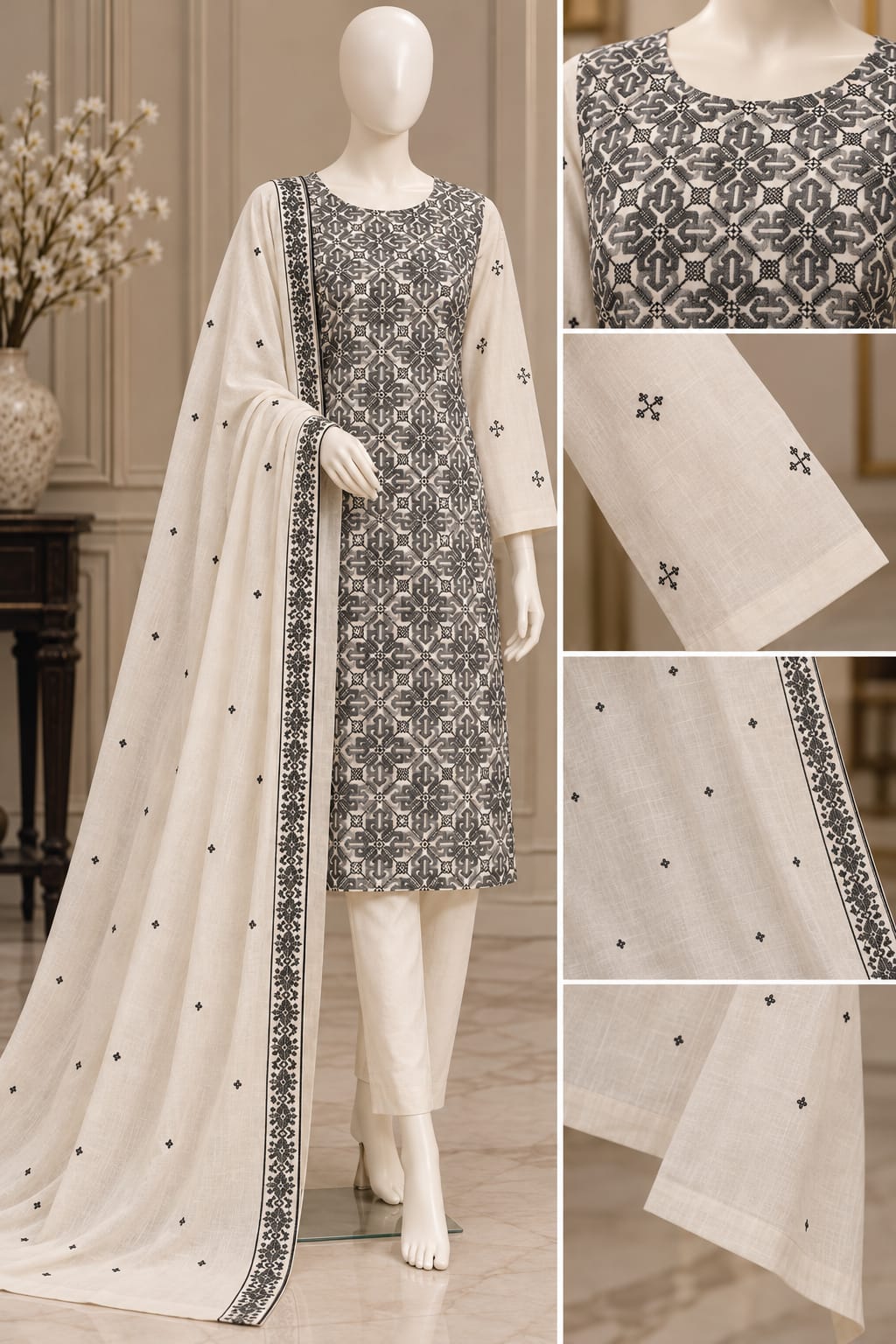 Three-Piece Karandi Embroidered Suit – Ivory & Black