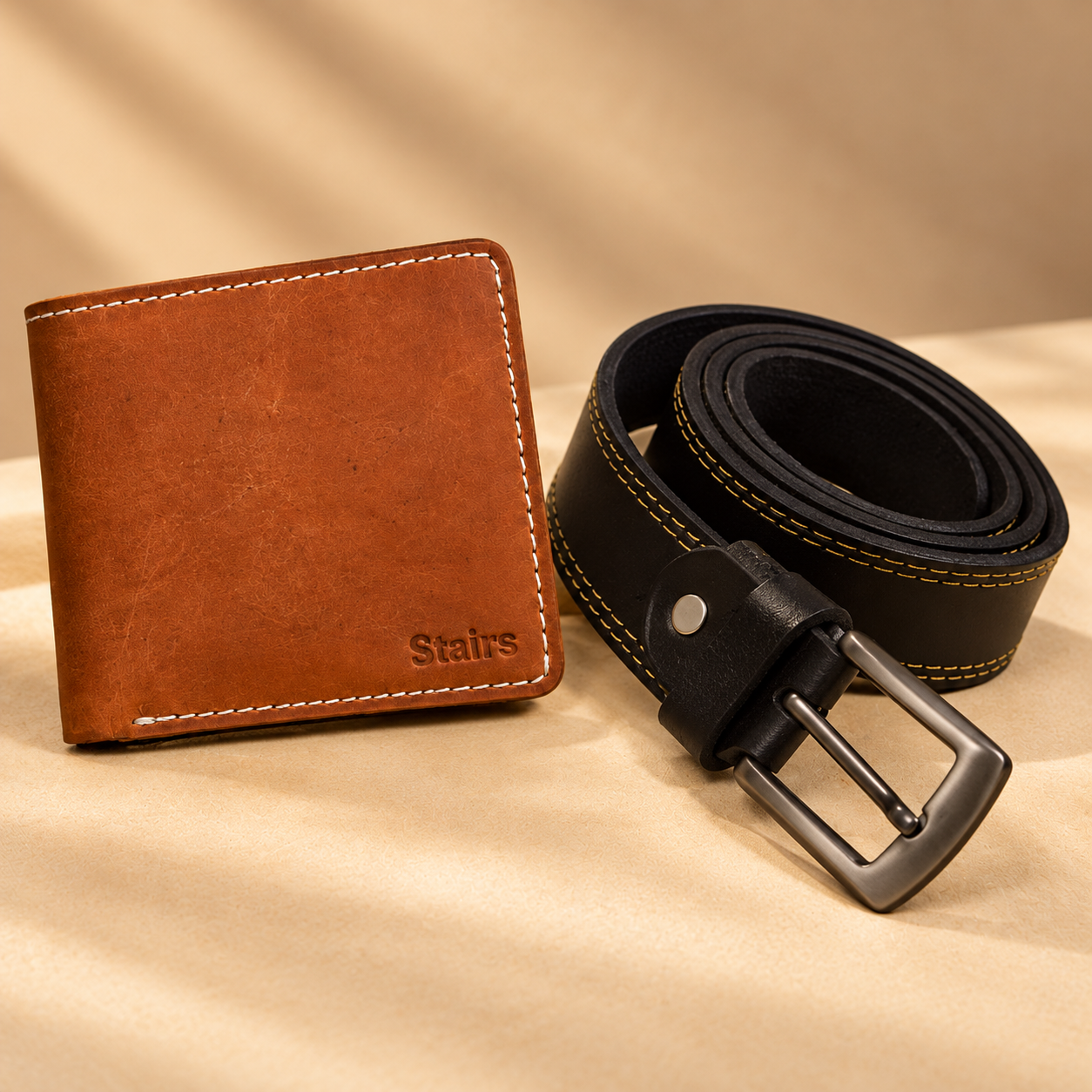 STAIRS Premium Buffalo Leather Wallet & Crazy Horse Leather Belt Combo